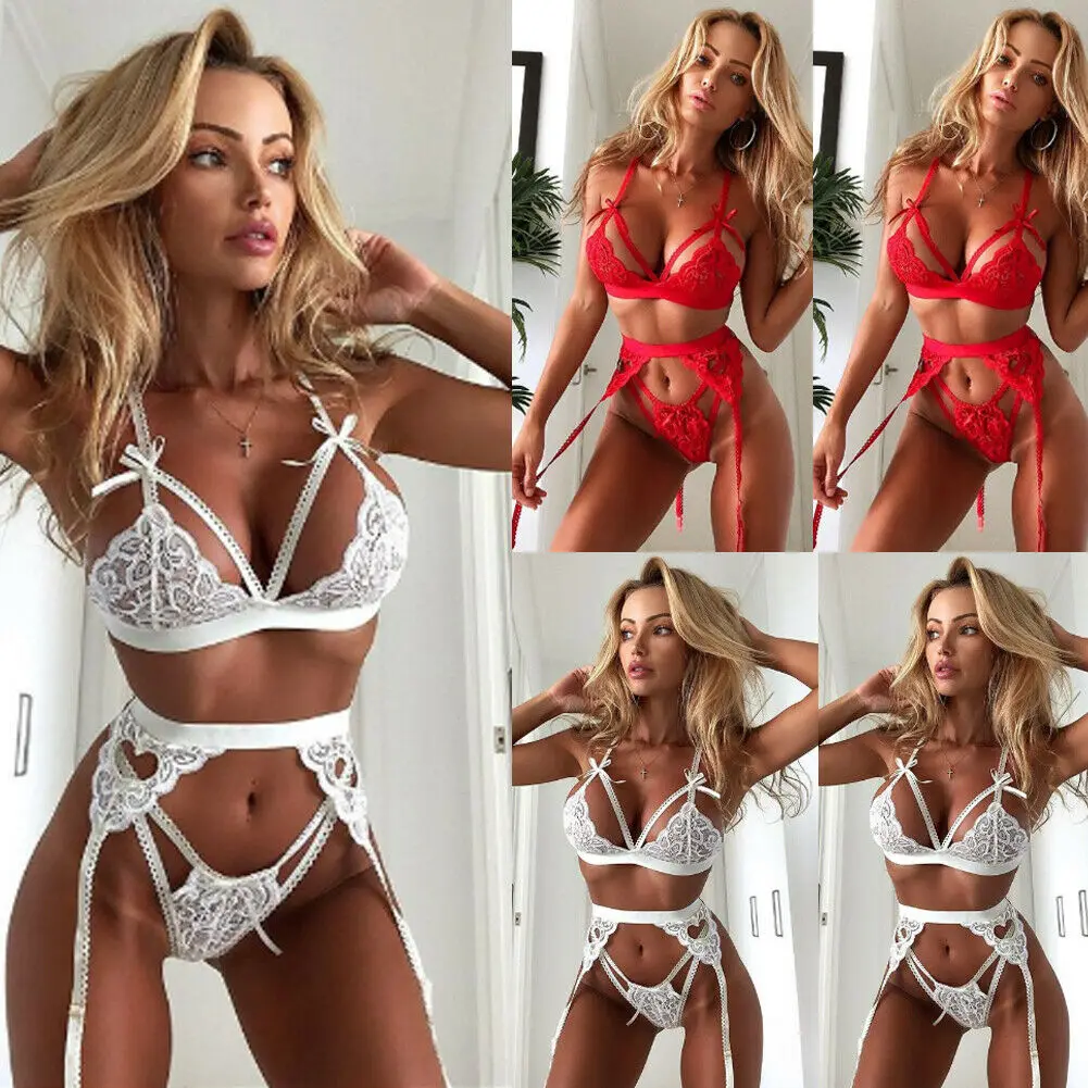 

Women Sleepwear 3pcs Sexy Lace Lingerie Set Bandage Bra Panties G-strings with Garter Belt Underwear Babydoll Nightwear