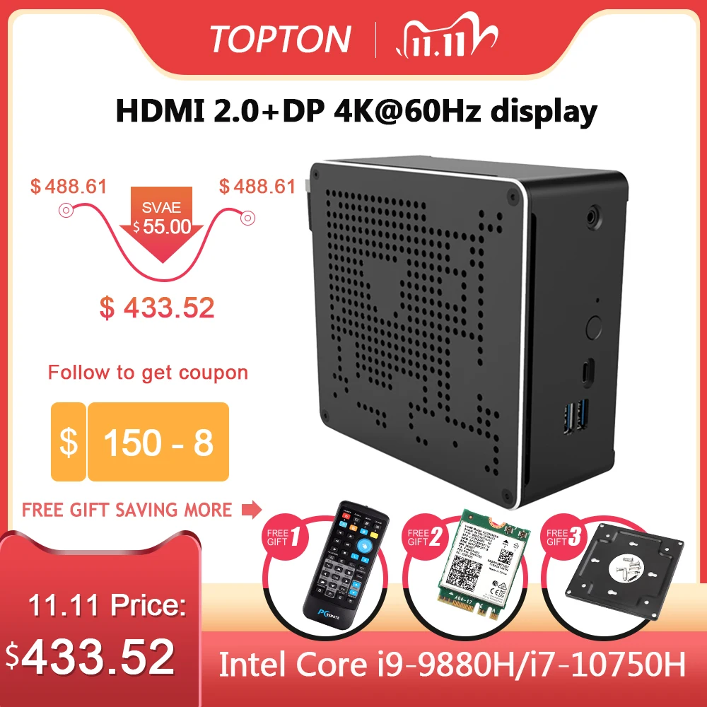 TOPTON New Inter 10 го поколения Nuc Intel i9 10980HK 10880H i7 10750H Мини ПК 2 LAN Win10 * DDR4 NVME игровой