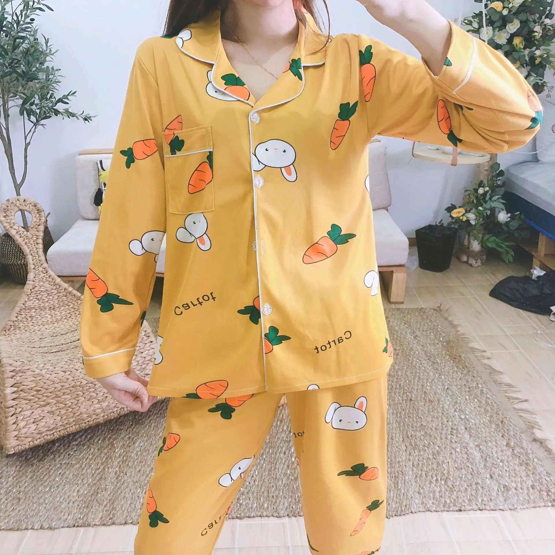 Pajamas Women's Long Sleeve Classic Lattice Spring and Autumn Korean Printing Casual Thin Cardigan Two Piece Suit Sleep Tops