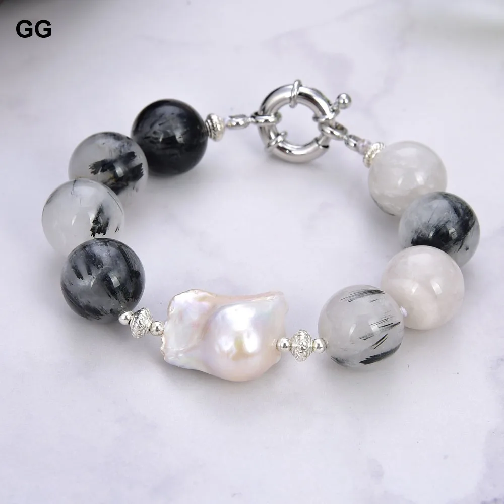 GG Jewelry 8 'ཌ мм черный рутилированный кварцевый Белый Браслет Keshi с