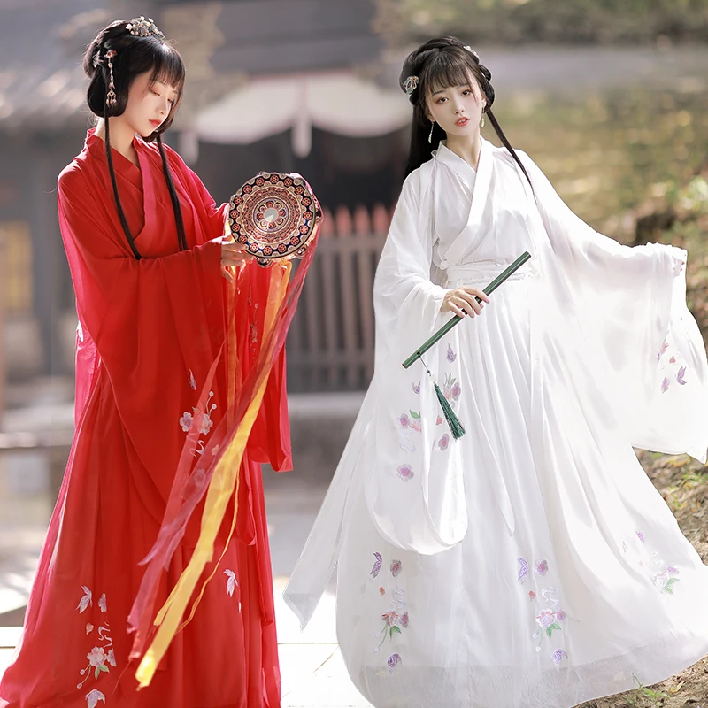 

Oriental Women Hanfu Folk Dance Dress Red White Stage Performance Suits Tang Clothes V-Neck Clothes Princess Fairy Girl Fairy
