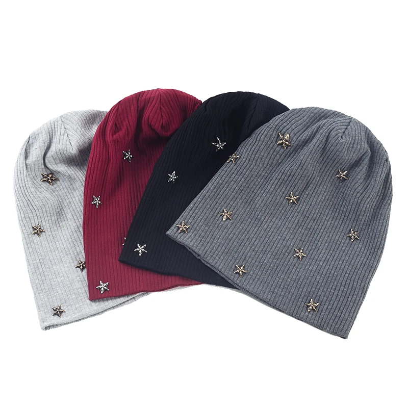 Geebro Women Star Ribbed knitted Cotton skullies Beanie Casual Soft Design Solid Bonnets hat Ladies Slouchy Hat Wholesale
