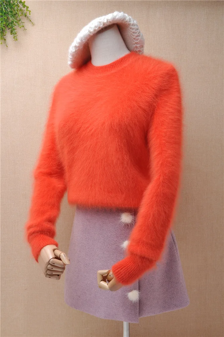

ladies women short style o-neck hairy fluffy mink cashmere long sleeves slim pullover angora rabbit fur winter jumper sweater