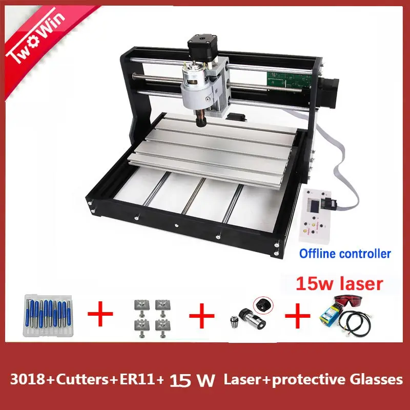 CNC 3018 Pro с автономным управлением, GRBL управления Diy Мини ЧПУ машина, 3 оси pcb фрезерный станок, лазерная гравировка древесины маршрутизатор - Цвет: 15w laser