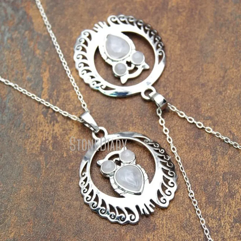 Недорогое ожерелье NM15384 в виде совы с серебряной отделкой из розового кварца 18-32