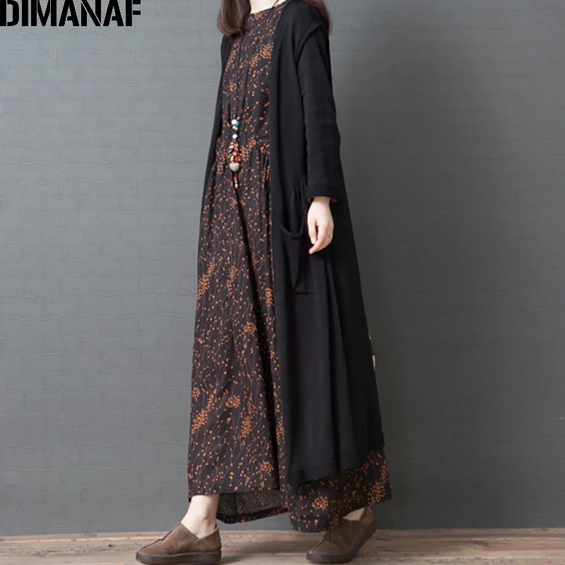 DIMANAF женское платье большого размера с длинным рукавом 2019 осеннее винтажное