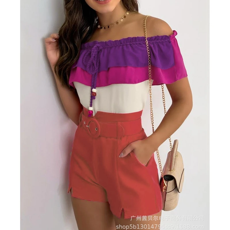 

WEPBEL Women's Slim Solid Shorts Suit Summer Short Sleeve Lace-up Slash Neck Pleated Top + High Waist Straight Shorts Suit