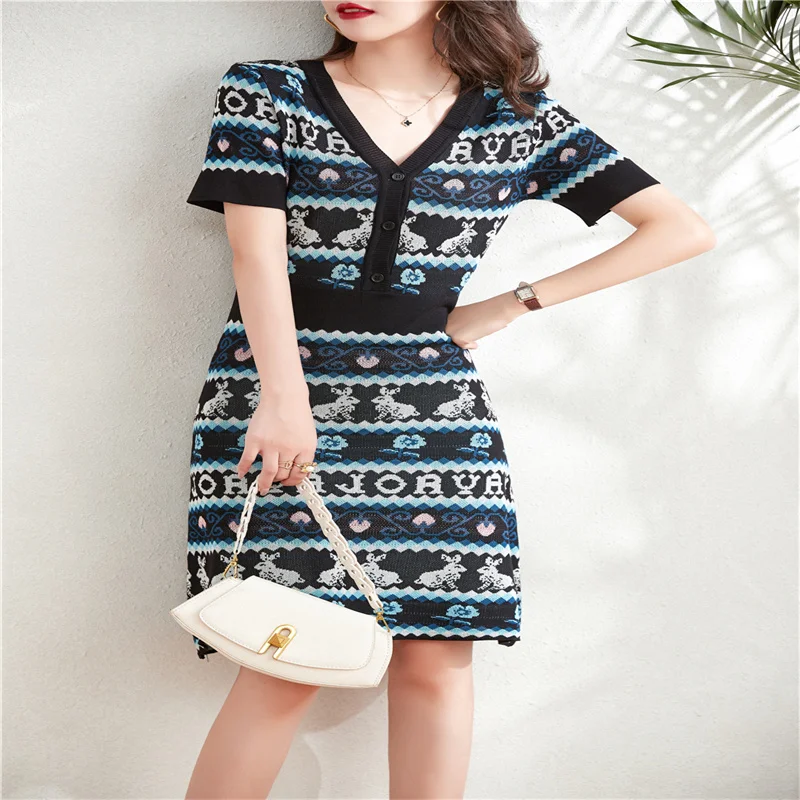 

Korean Knitted Elegant Chic Ladies Dress Summer 2021 V-Neck Short Sleeve Temperament Slim Retro Striped Knit Dress