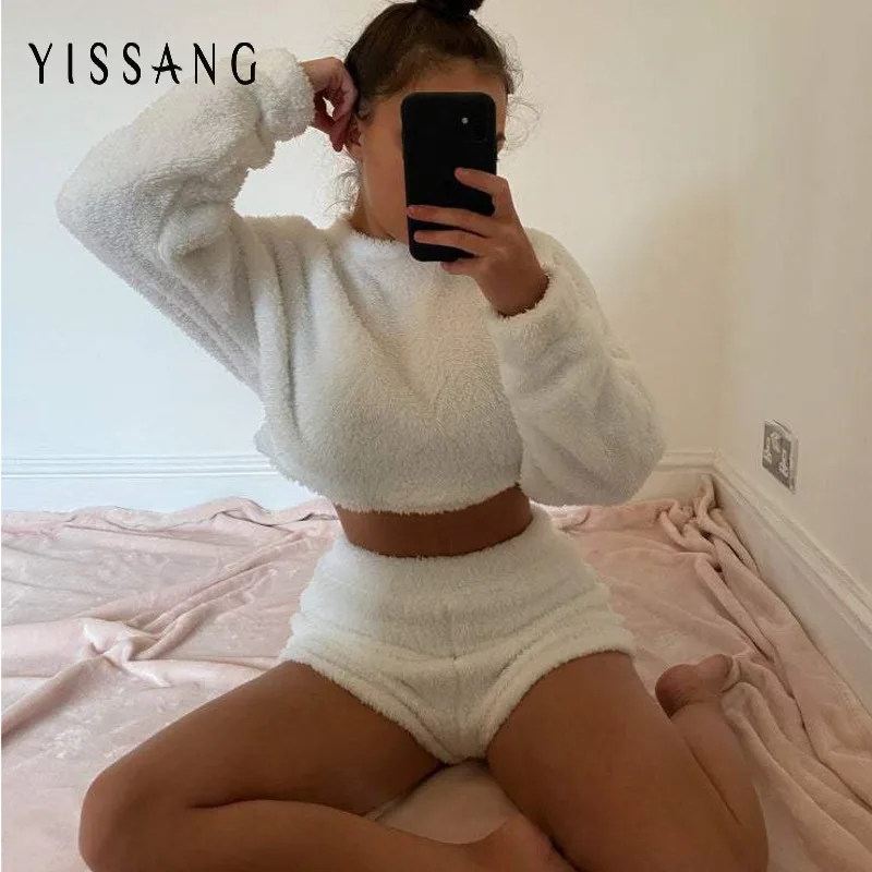 Yissang трикотажный сексуальный комплект из двух предметов женский укороченный Топ