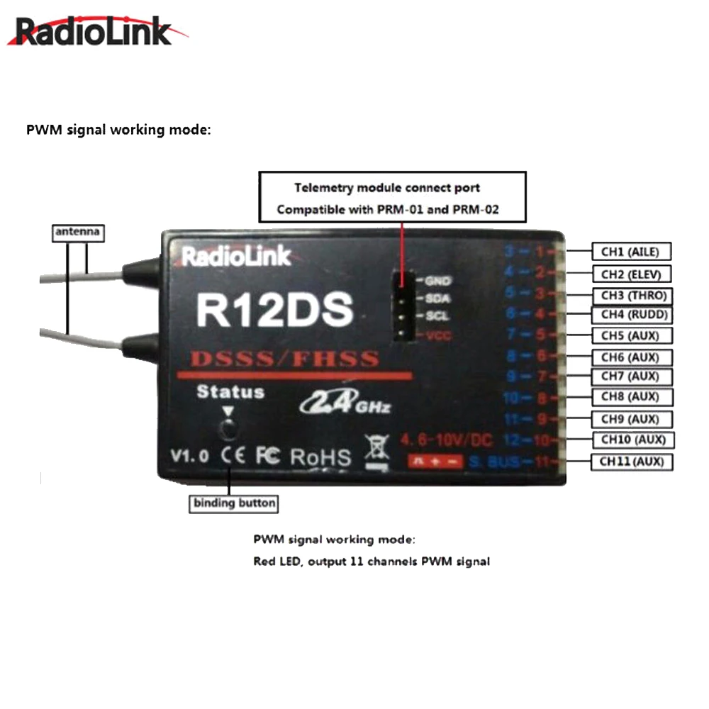 12 канальный приемник RadioLink R12DS 12CH 2 4 ГГц для передатчика летательной техники