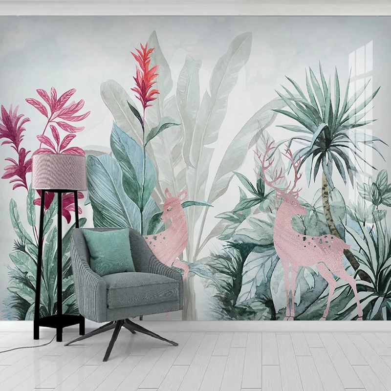 

Custom Mural Wallpaper Nordic Style Tropical Plant Banana Leaf Elk Wall Painting Living Room TV Sofa Bedroom Papel De Parede 3D