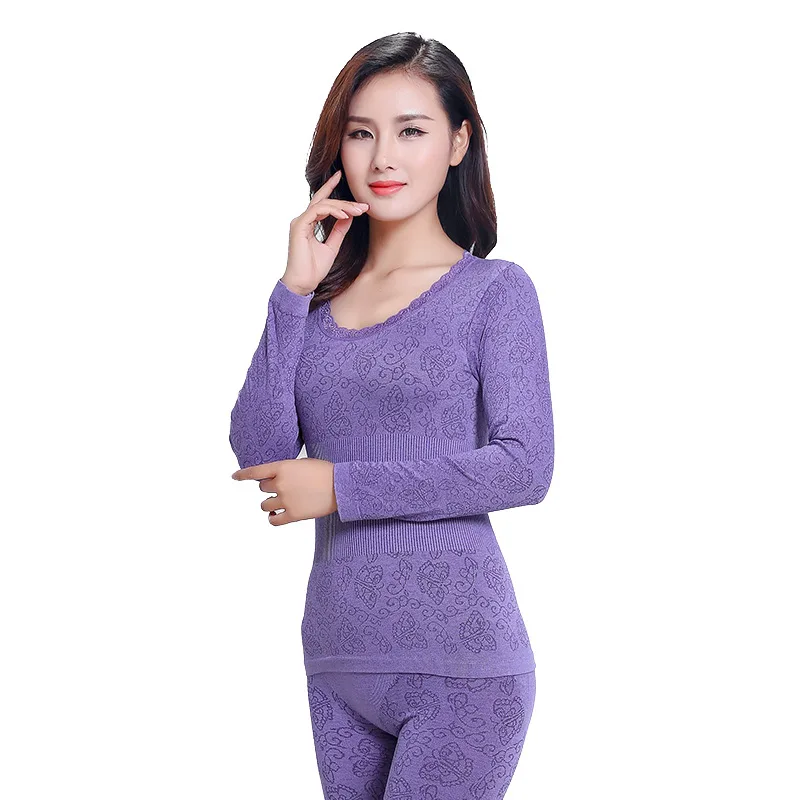 Elegant Butterfly Pattern Lace Modal Thermal Underwear For Women Basic Thin Slim Winter Long Johns Female Second Skin Nightgown