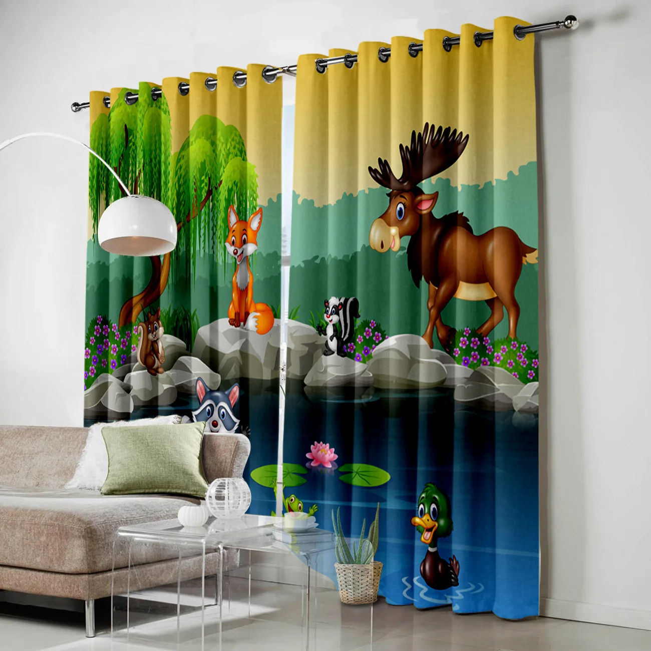 Животные мультфильм озеро вода прекрасный гармония детские яркие окна шторы для