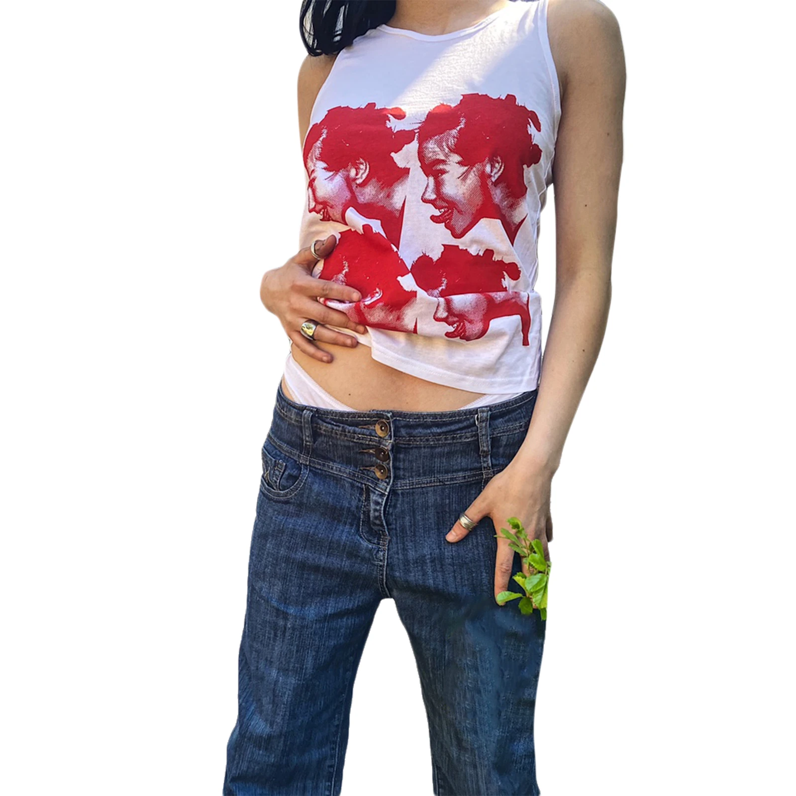 

2021 Women’s Fashion Portrait Printing Vest Summer Casual Round Neck Sleeveless Pullover Tops Sexy Off Shoulder Tank