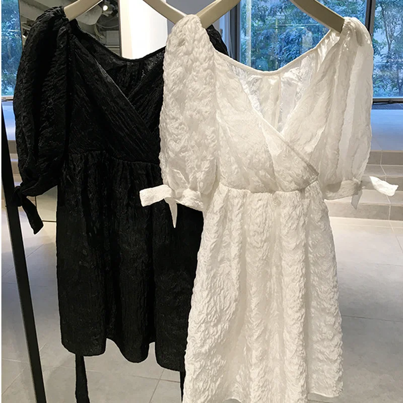 

Japan Style Sweet Cute Sexy Woman Dress V Neck Puff Sleeve Hollow Out Mini Dresses Spring Summer Solid High Waist Vestidos