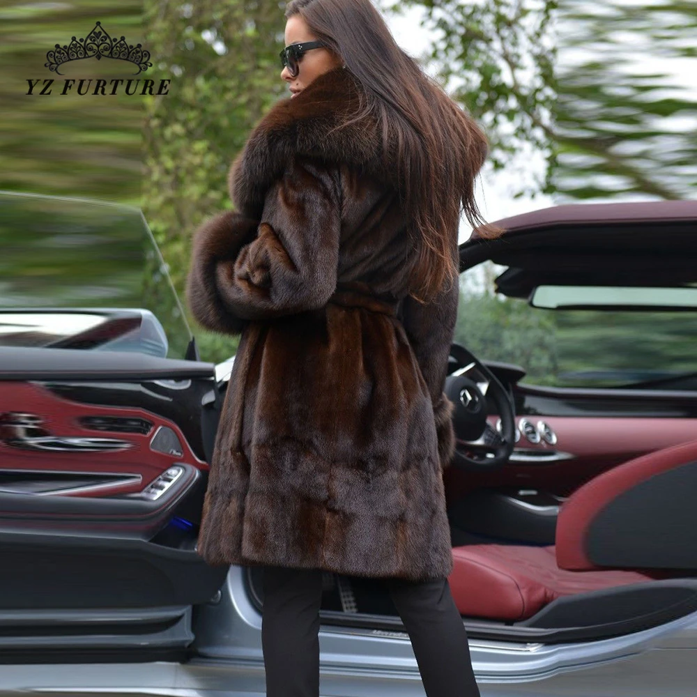 Длинная шуба из натурального меха норки 90 см Роскошная Шуба с поясом и большим