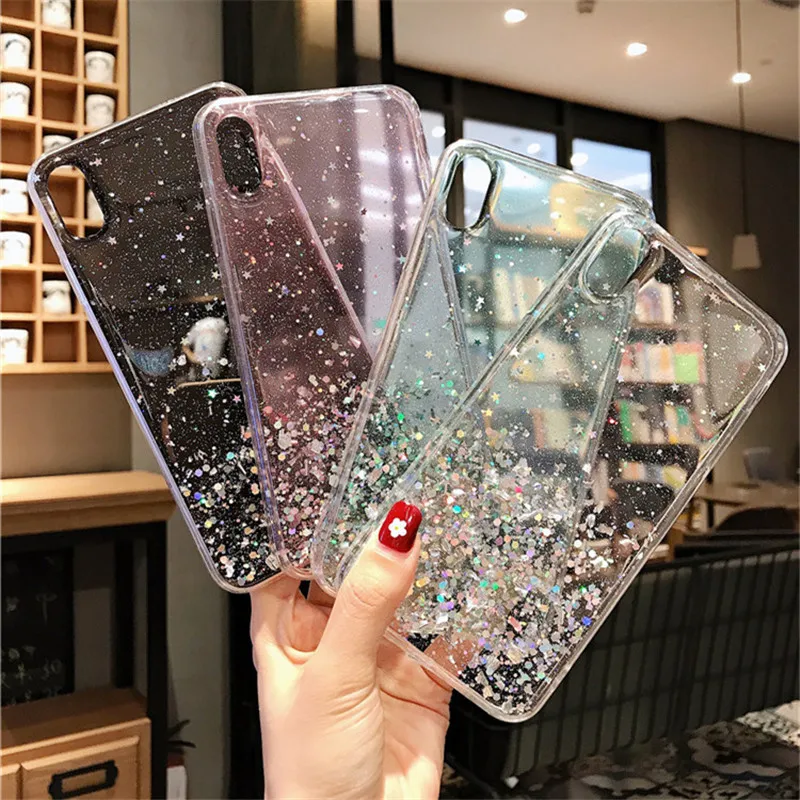 NJIEER Блестящий блестящий чехол для iphone X 11 Pro XS MAX XR Блестящий Прозрачный чехол для iphone 8 7 6 6S Plus Мягкий чехол из ТПУ