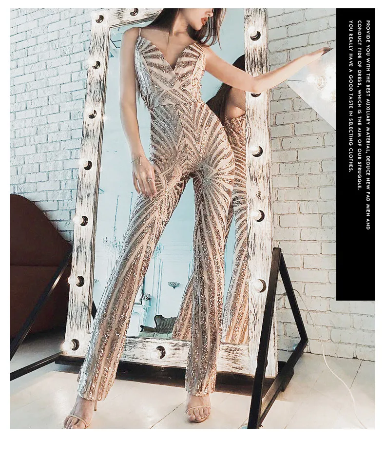 

Женский вечерний комбинезон с золотыми блестками, сексуальное платье с V-образным вырезом, открытой спиной и брюками для официального торже...