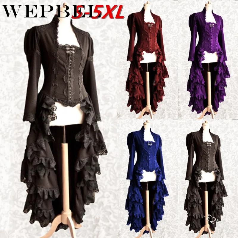 

WEPBEL Vintage Lace Party Dress Women Steampunk Victorian LongSleeve Asymmetrical Dress Medieval Gothic Long Dress Stage Costume