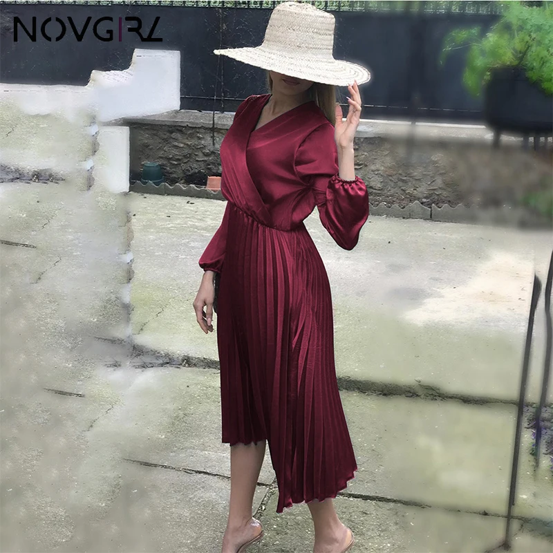 Novgirl Плиссированное длинное платье с открытыми плечами для женщин 2019 осень