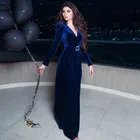 Женское бархатное вечернее платье с юбкой годе, синее платье с длинным рукавом и V-образным вырезом, платье для вечеринки в Дубае, для выпускного вечера, 2022