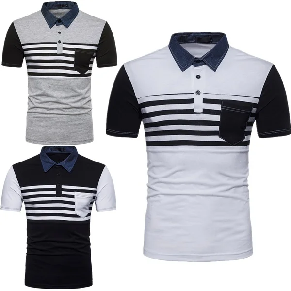 

ZOGAA 2021 New Men Striped Denim Neckline Splicing Short Sleeve Polos Shirt Business Cotton Breathable Casual Slim Polo Shirts