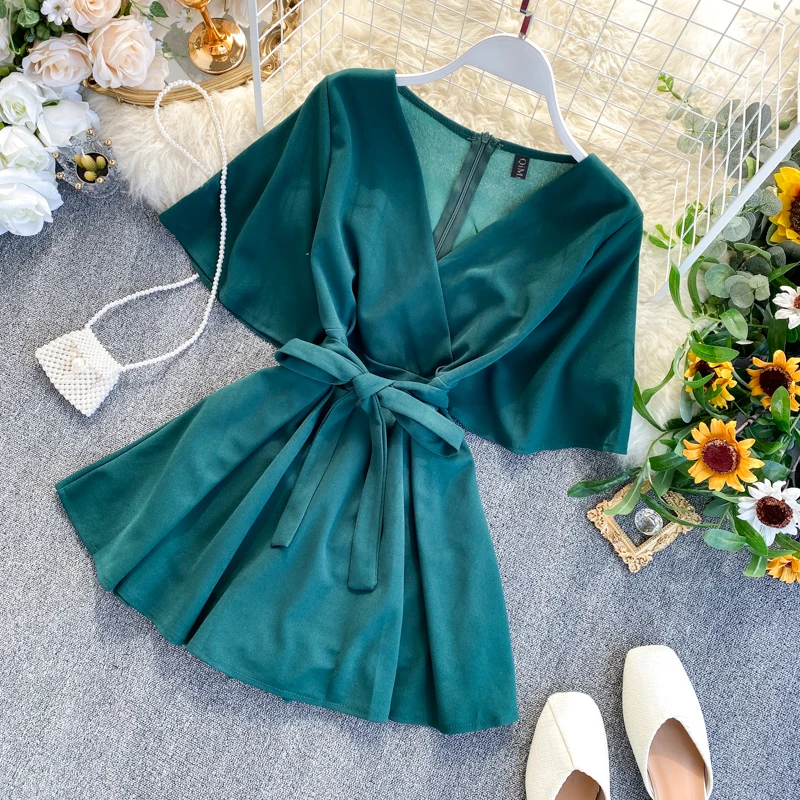 ALPHALMODA Женский Летний комбинезон с v образным вырезом и поясом сплошной цвет