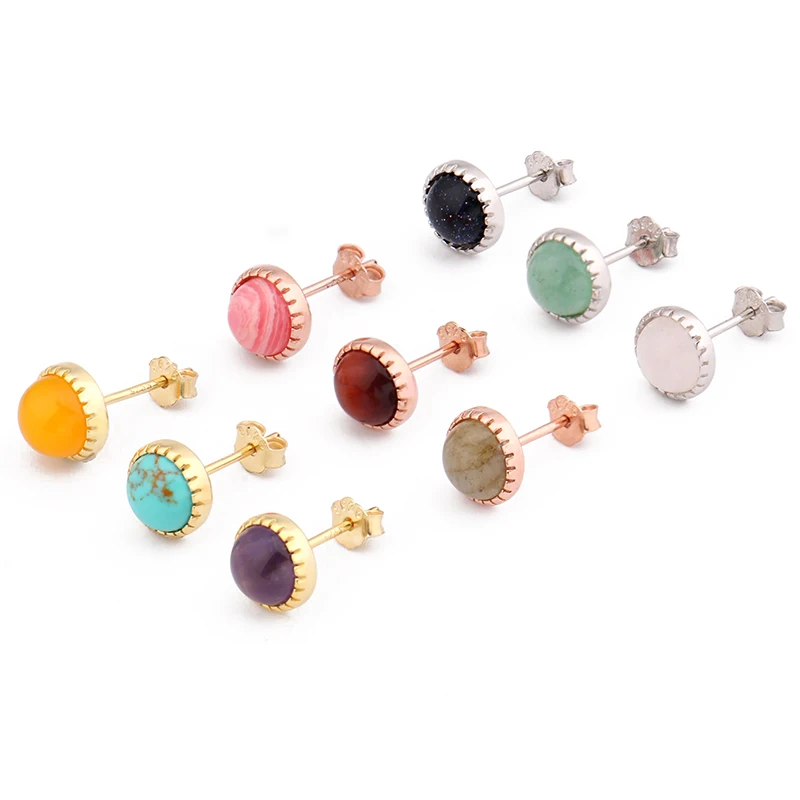 

6mm Natural Stone Earring for Women Jewelry Gift Crystal Moonstone Tigereye Opal Agate Wedding Party 925 Sterling Silver Earring