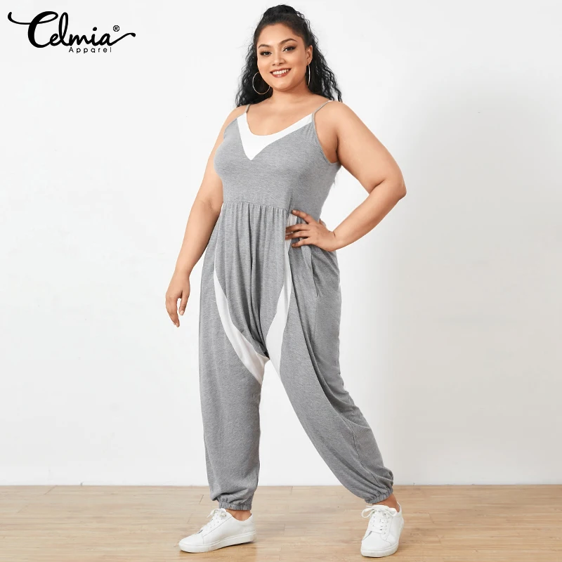 

Celmia Summer Sleeveless Knitted Jumpsuits Women Casual Loose V-neck Trousers Vintage Pockets Patchwork Strap Pants Plus Size