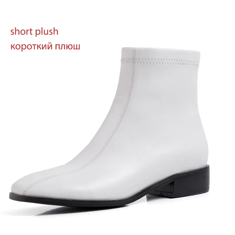 ISNOM/ботильоны на низком каблуке; женские ботинки из коровьей кожи; женская обувь на молнии; женская повседневная обувь с квадратным носком; женская зимняя обувь; Новинка года - Цвет: white  short plush