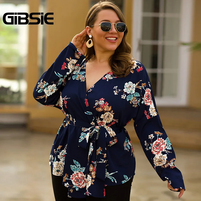 GIBSIE цветочный принт v образным вырезом обёрточная блузка женская плюс размер с