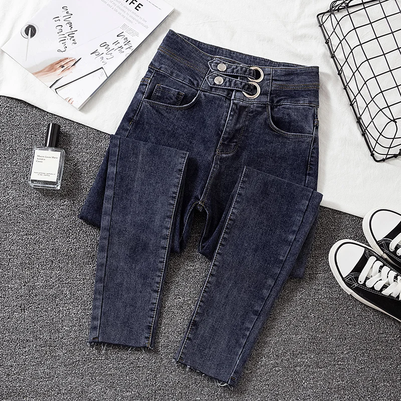 Женские джинсовые брюки карандаш с высокой талией темно синие зауженные джинсы в