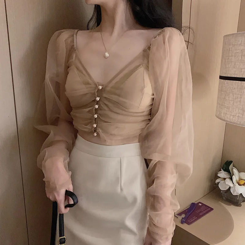 Новинка сетчатая короткая блузка с пышным Длинным Рукавом Hi Girl + ассиметричная