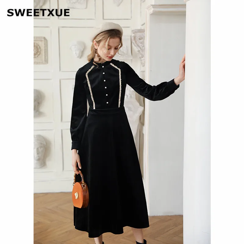 SWEETXUE бархатное платье женское Плиссированное черное с длинным рукавом