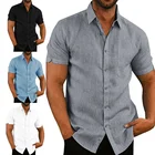 Рубашка Мужская льняная с коротким рукавом, свободная Повседневная блуза из чистого хлопка и льна, на пуговицах, однотонная Удобная футболка для отдыха, лето