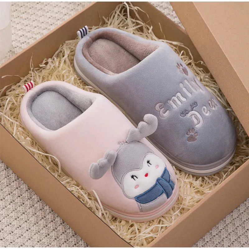Women Home Flat Slippers Indoor Shoes Female Slip On Cute Cartoon Deer Furry Warm Ladies Christmas Woman Shoes Soft Footwear