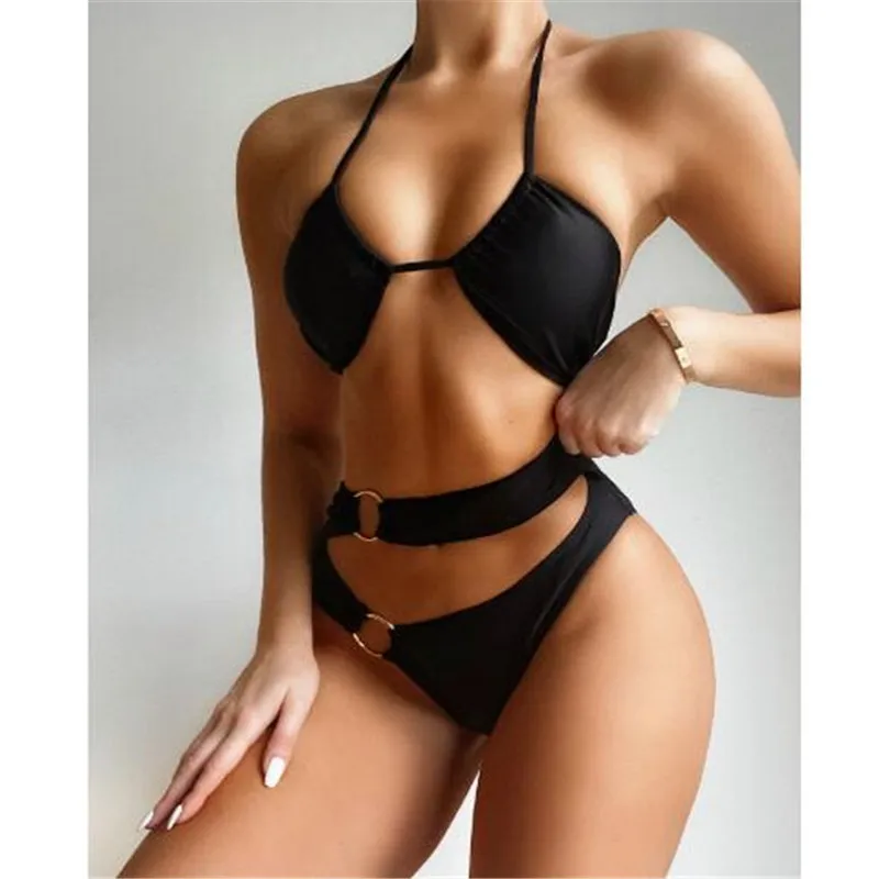 

2021 сексуальное однотонное бикини пуш-ап, женский купальник с лямкой на шее, купальник с вырезами, женский купальный костюм со стальными коль...