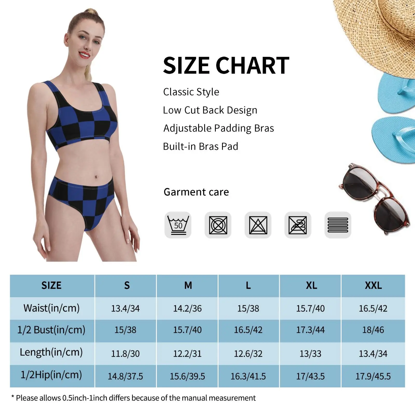 

Blue And Black Chequer Pattern-Style Swimsuit one piece Bikini Padded Blue And White Blue White Pattern Chequer