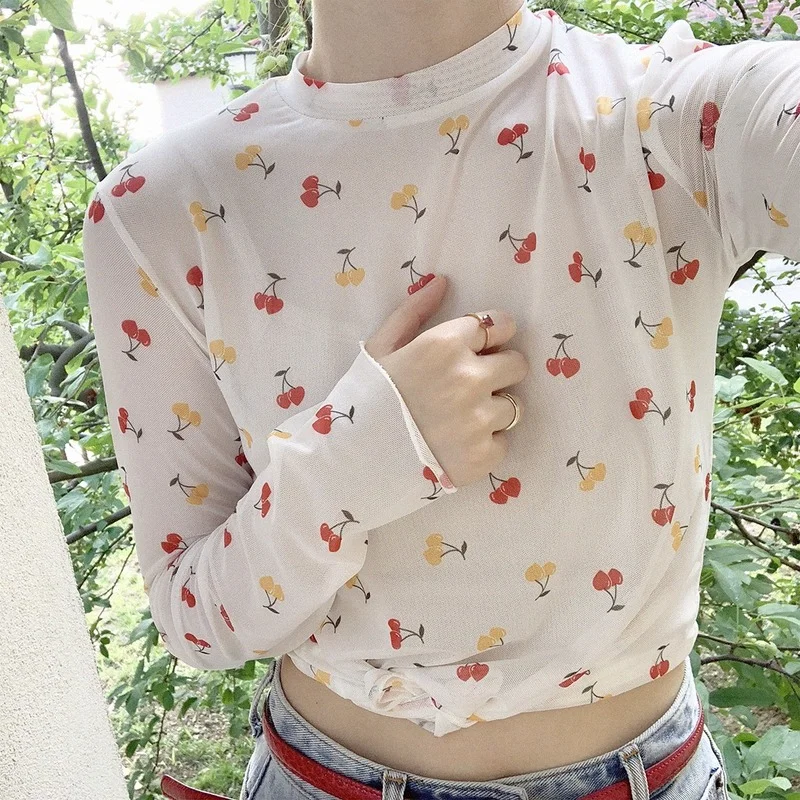 

Mesh Tshirt Women Summer Love Cherry Pattern Long Sleeve Stretchy Slim Tops Harajuku T-shirts Kawaii Clothes