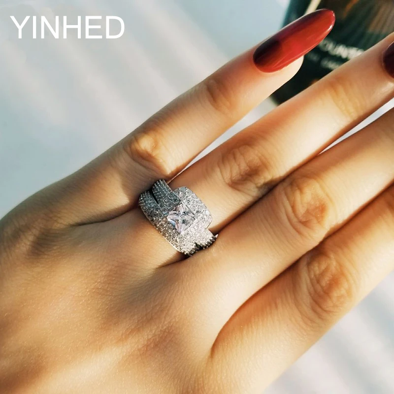 

YINHED S925 Stamped Real Sterling Silver Rings Sets AAA+ Cubic Zirconia Wedding Engagement Jewelry Finger Ring Women Gift ZR636