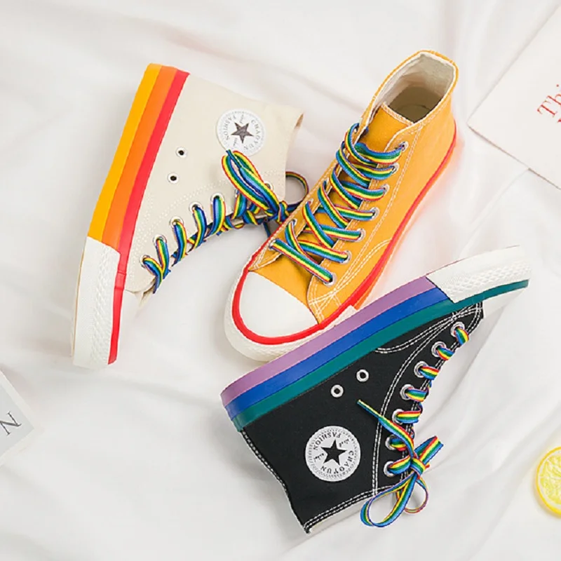 

Fashion Women Sneakers Rainbow Bottom Women Shoes High Top Sneaker Canvas Shoes White 2020 Spring Summer Women Vulcanized Shoes