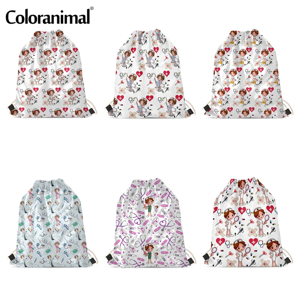 

Coloranimal 2020 Drawstring Bag Kawaii Cartoon Nurse Printting Soft Beach Bags Teenager Girls Ladies Backpack Travel Bags sac