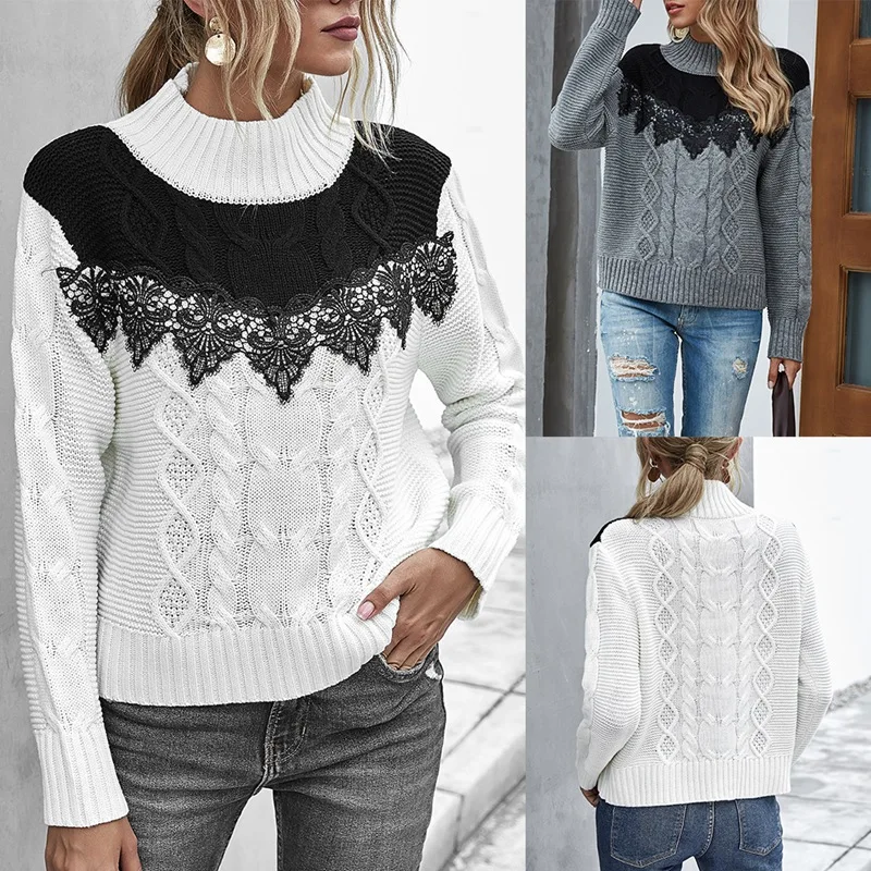 

Женский Повседневный свободный свитер Kili с воротником средней длины, с кружевными вставками, с длинным рукавом, популярный цвет, на весну и ...