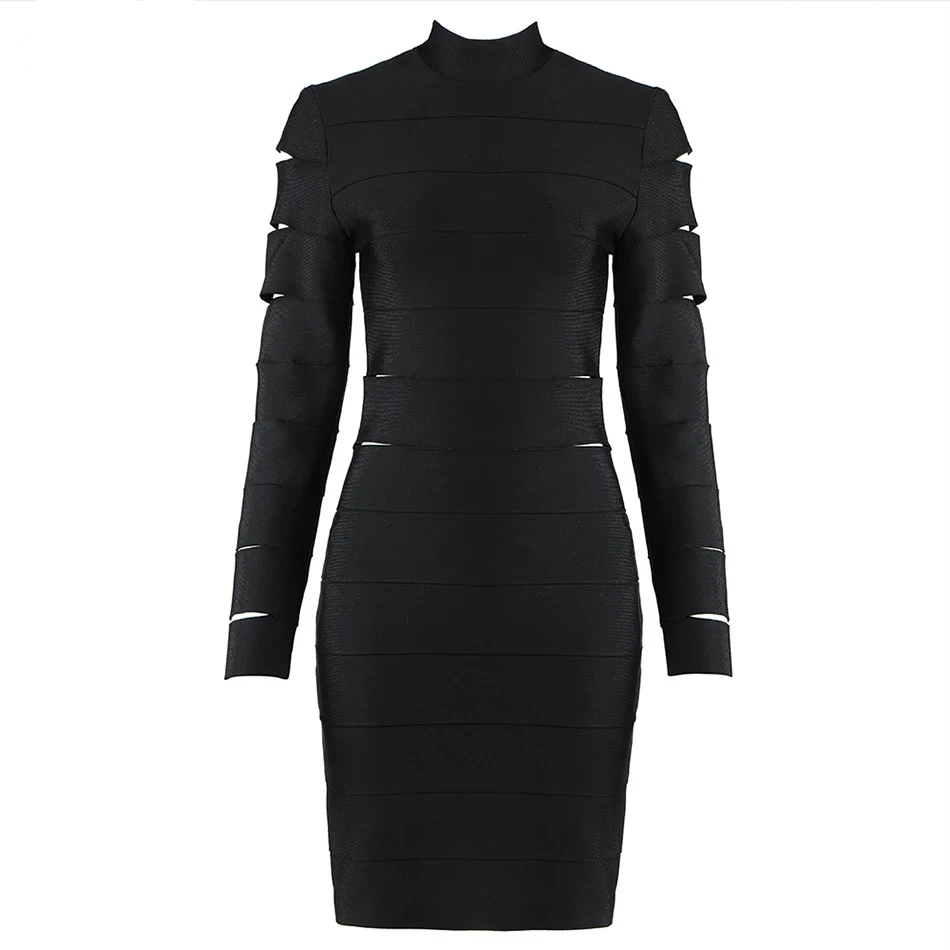 

SLADUO 2021 New Spring Women Sexy Black Long Sleeve Turtleneck Bandage Dress Elegant Hollow Out Evening Club Celebrity Dresses