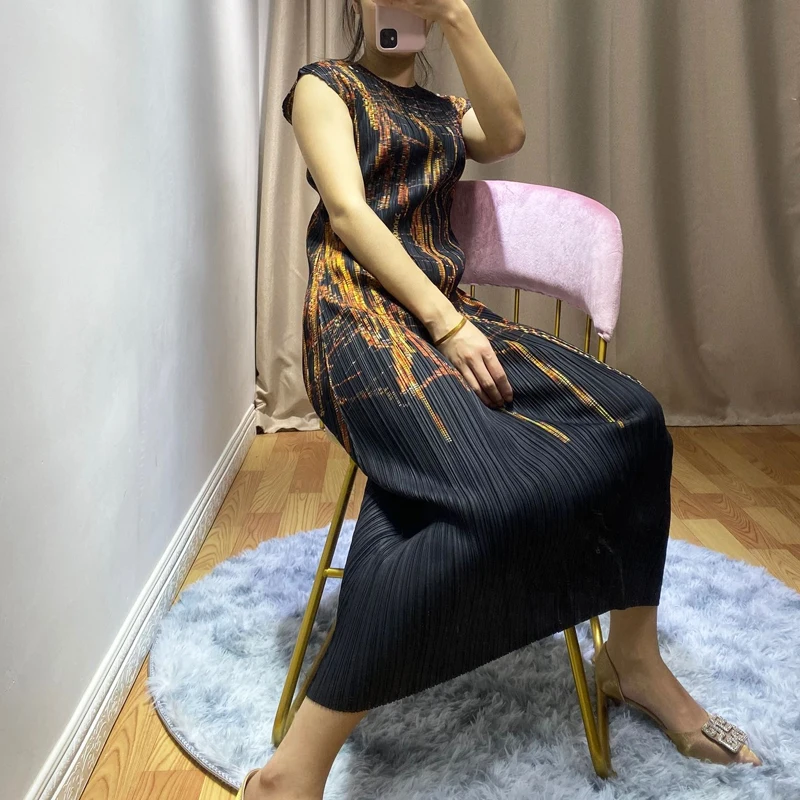 Changpleat новые женские платья с принтом Miyak Плиссированное модное дизайнерское приталенное женское элегантное платье с О-образным вырезом и эластичной талией D9087