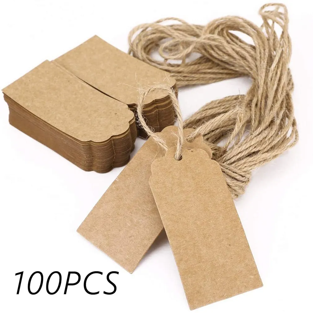 

Kraft Gift Tags Scalloped Edge Wedding Party Paper Card Tag Festival Note DIY Blank Price Label Hang Tag 100pcs/lot with 2M Rope