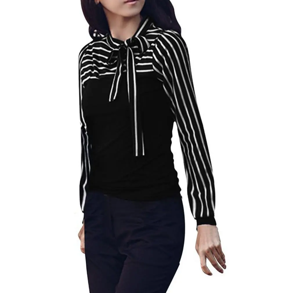 Женская шифоновая блузка в полоску винтажная с бантом и длинным рукавом летний