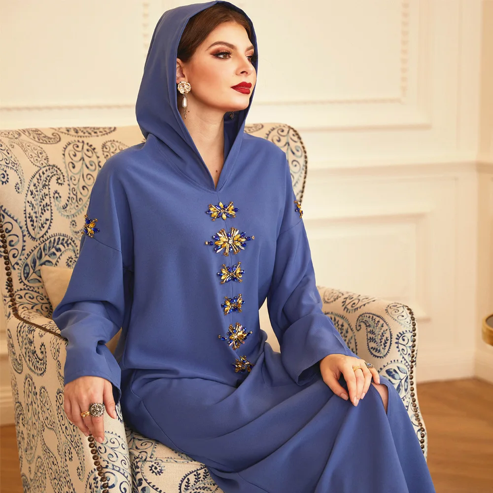 Мусульманское платье, мусульманское модное сине-серое платье с капюшоном, абайя, Ближний Восток, Юго-Восточная Азия, длинные платья, абайя, Т...