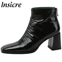 Insicre Unique Women Pleated Zipper Block Heels Ankle Boots Vintage Fashion Square Toe Autumn Winter Patent Leather Footwear
