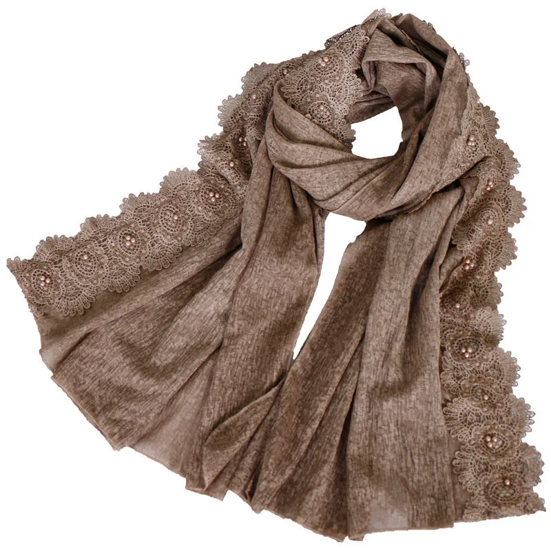 Женский хлопковый шарф длинный однотонный с жемчужинами 45| |